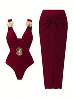 Swimsuit With Decorative Buckles And Matching Skirt