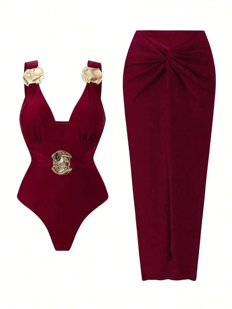 Swimsuit With Decorative Buckles And Matching Skirt