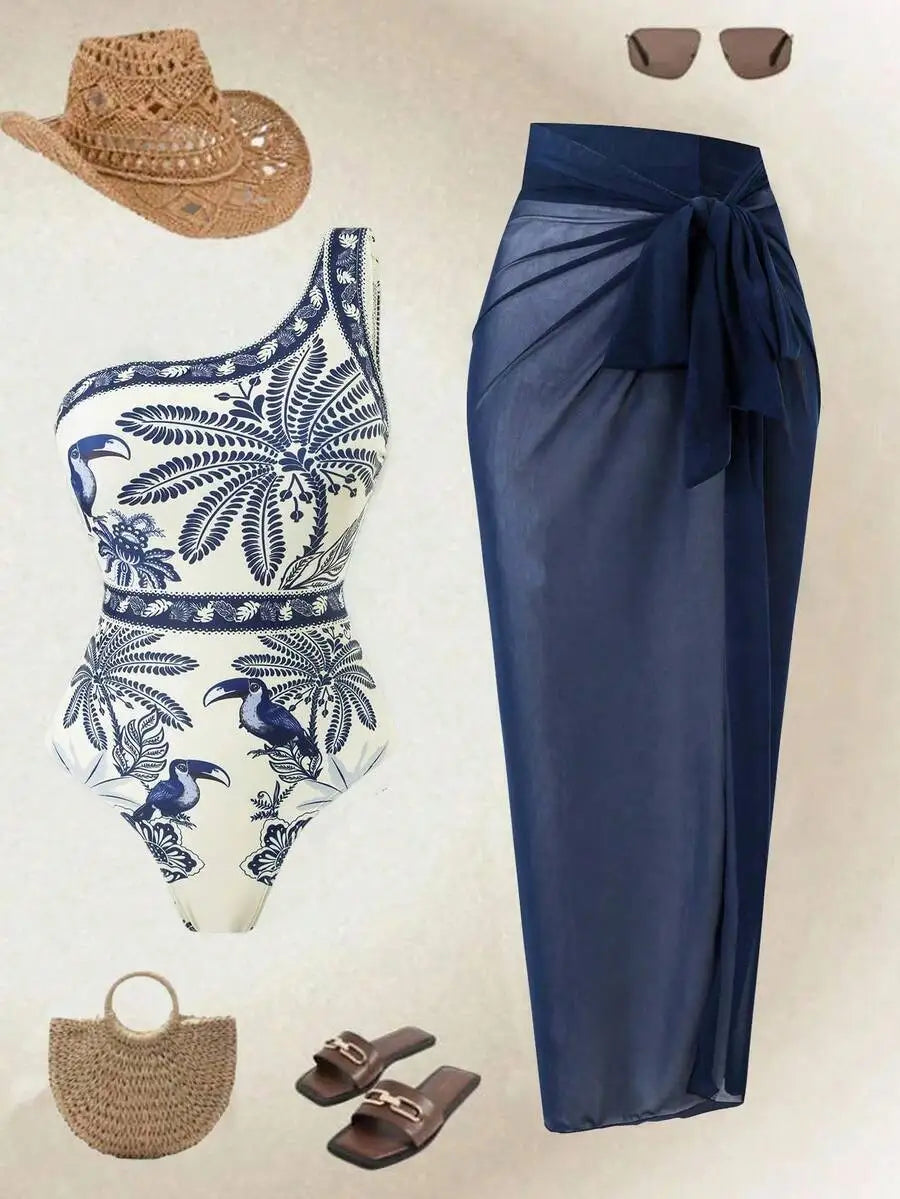 One Shoulder Swimsuit With Sheer Mesh Beach Skirt