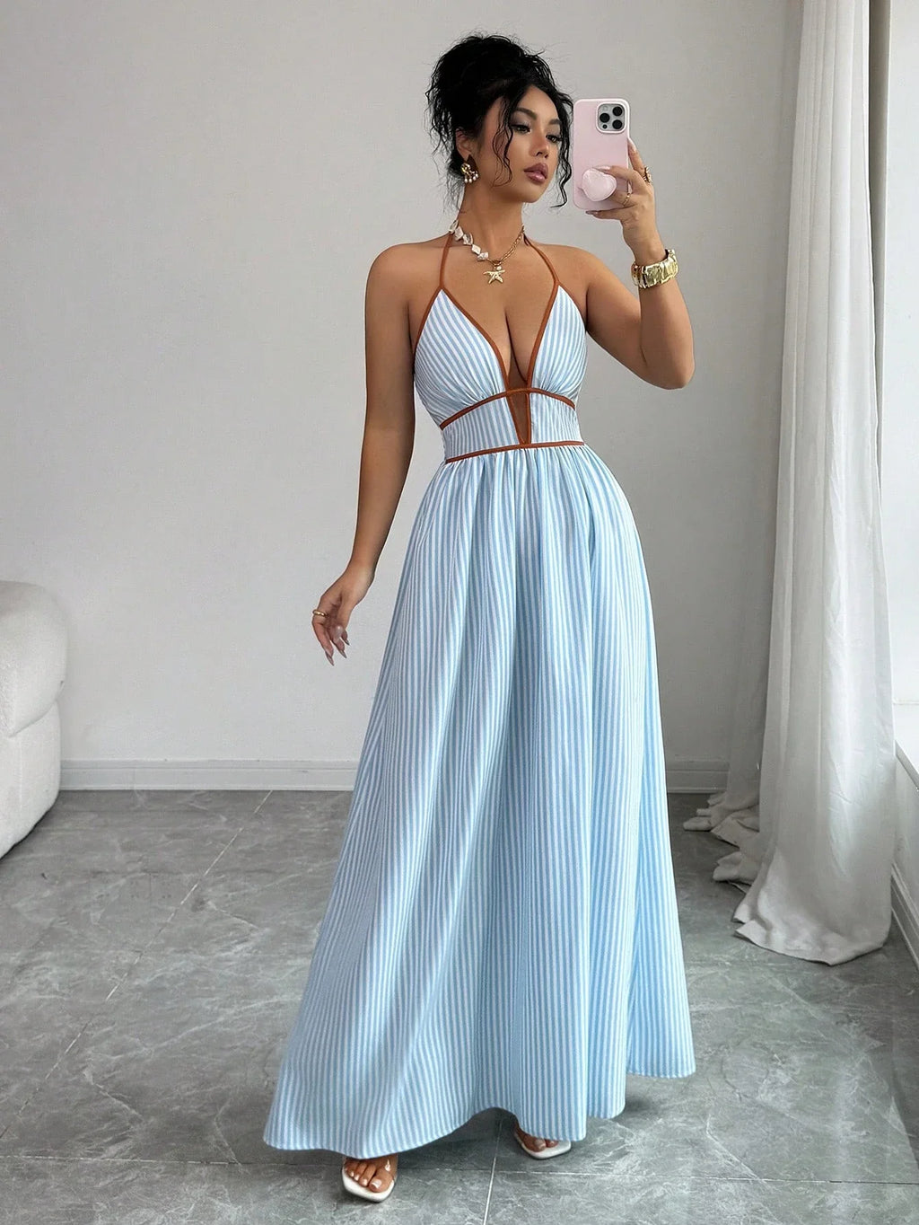 Striped Plunging Halter Maxi Dress