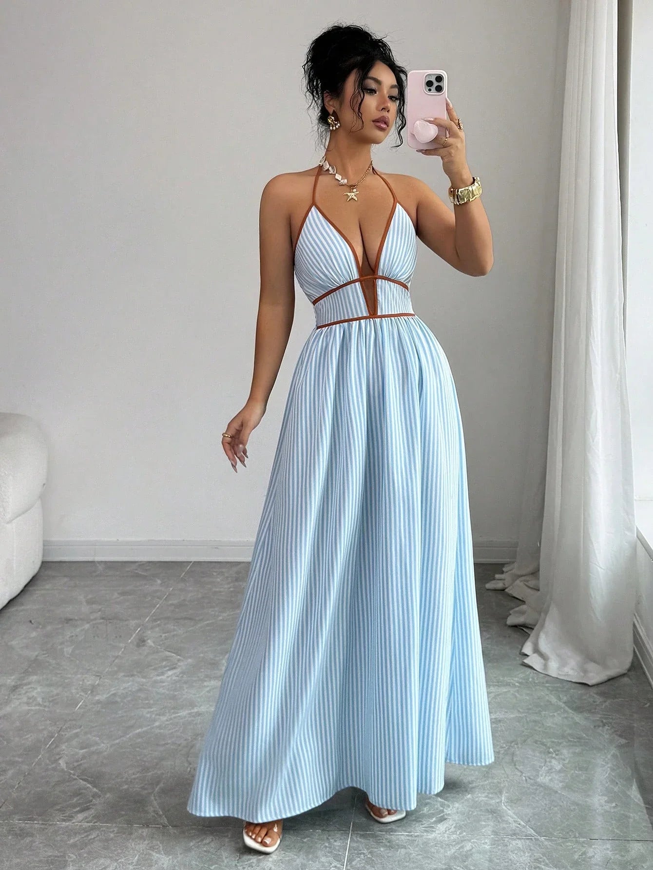 Striped Plunging Halter Maxi Dress