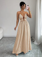 Striped Plunging Halter Maxi Dress