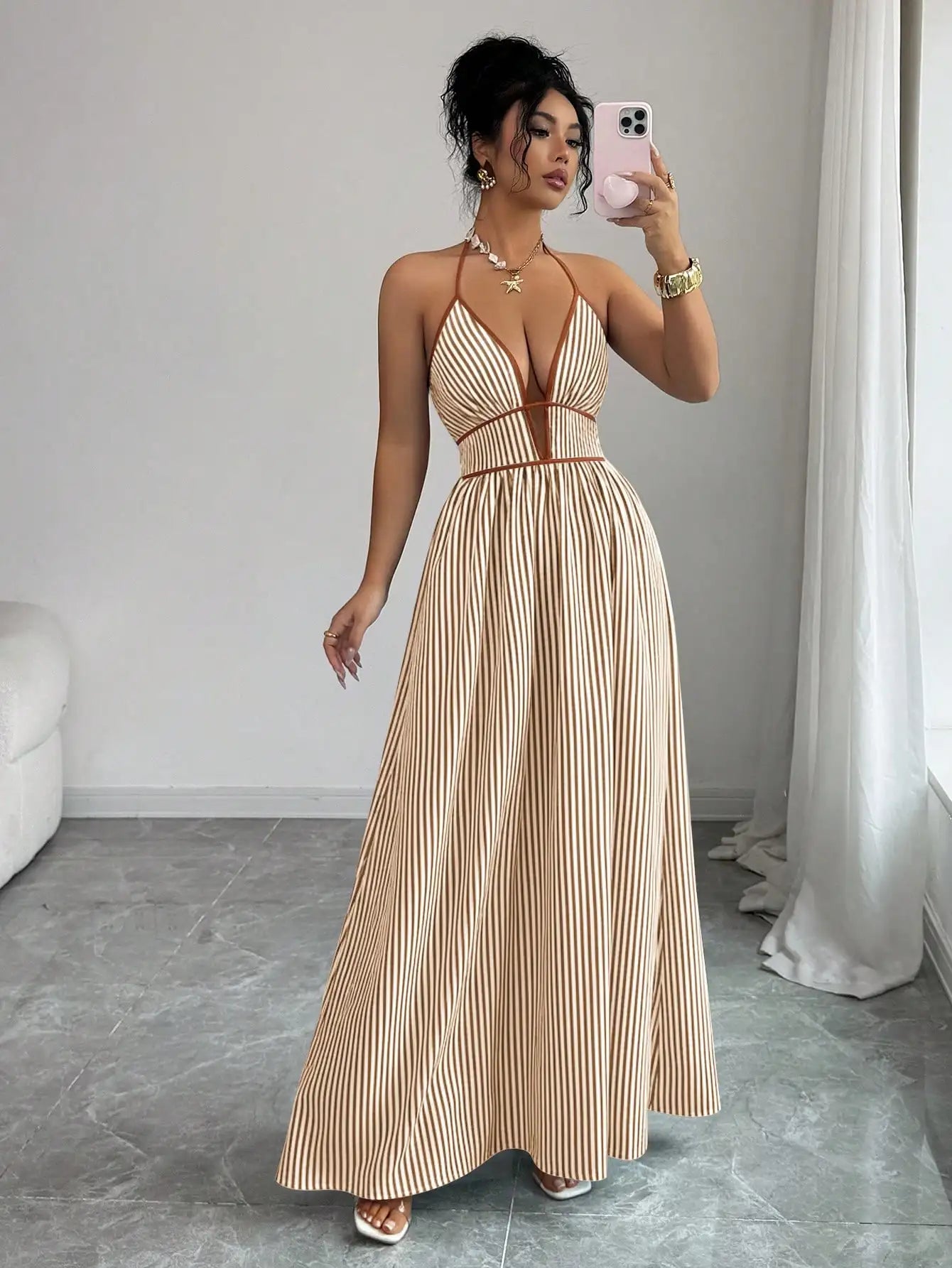 Striped Plunging Halter Maxi Dress