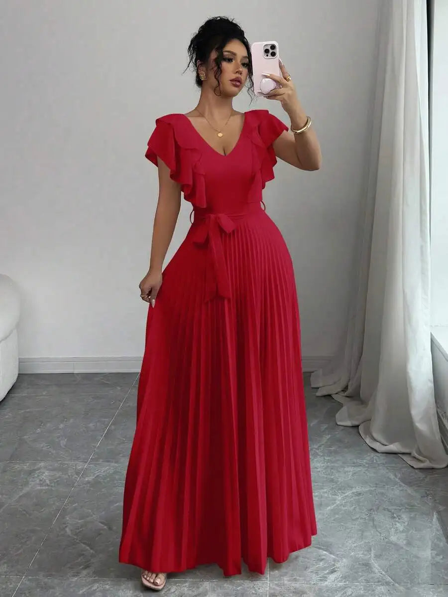 Ruffle Sleeve Pleated A-Line Maxi Dress