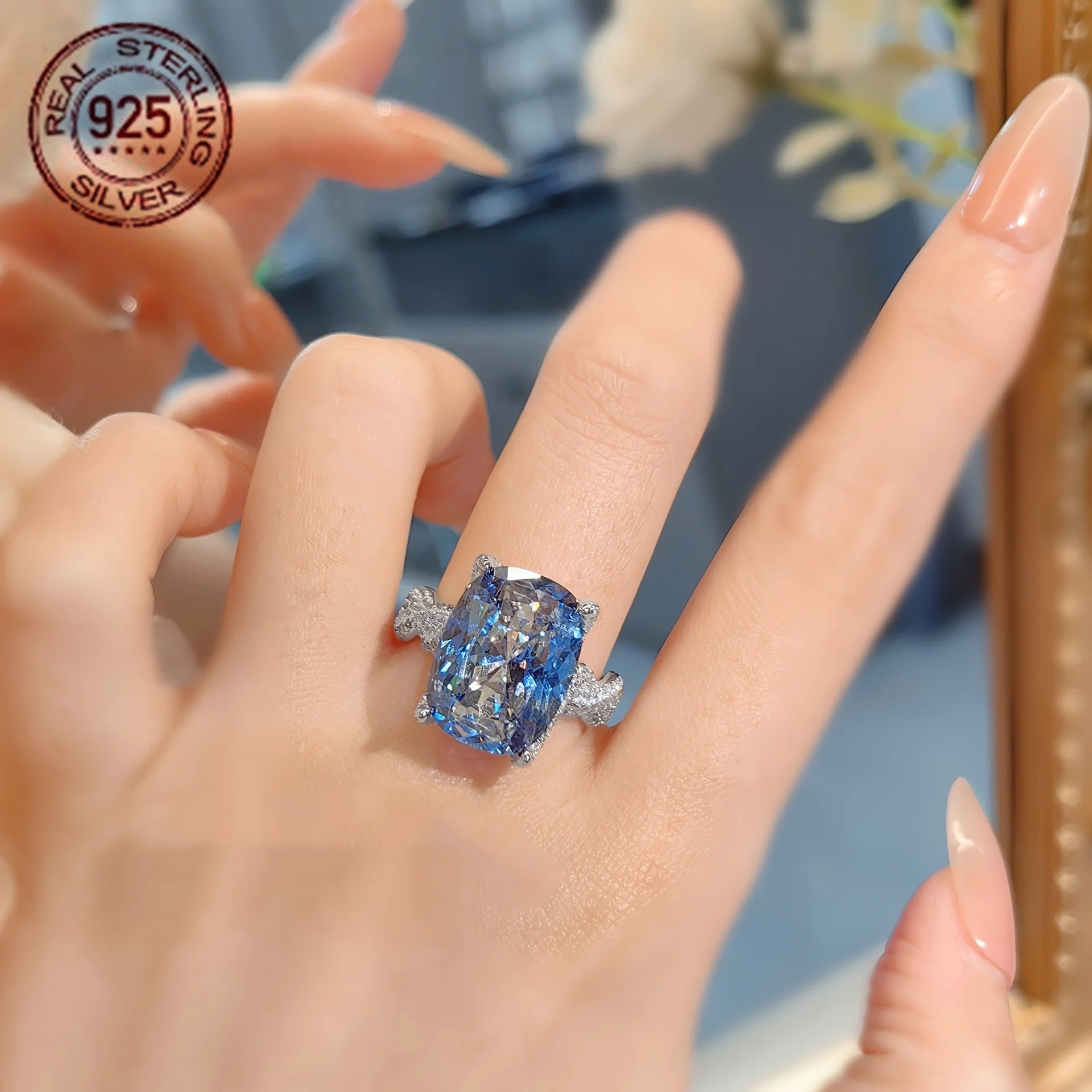 Cushion Cut Lab Grown Emerald Ring 925 Silver