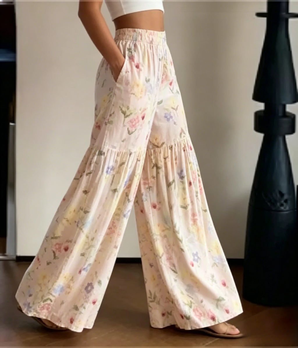 Pastel Floral Print Tiered Wide Leg Pants