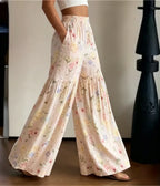 Pastel Floral Print Tiered Wide Leg Pants