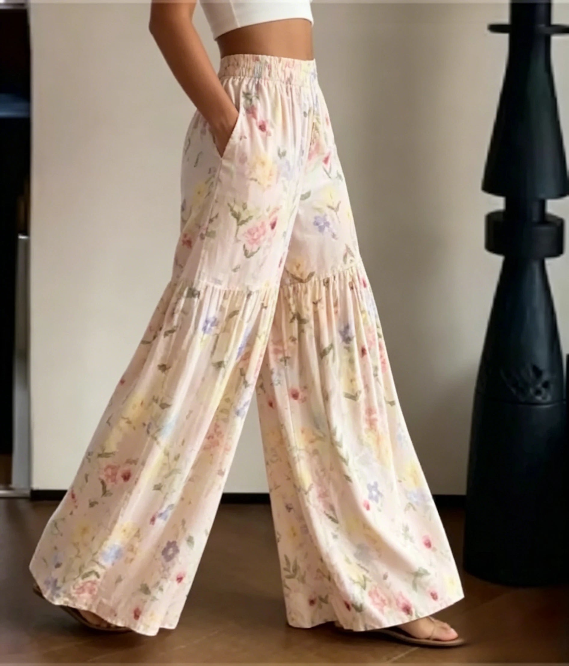 Pastel Floral Print Tiered Wide Leg Pants