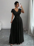 Ruffle Sleeve Pleated A-Line Maxi Dress
