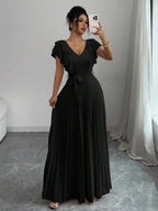 Ruffle Sleeve Pleated A-Line Maxi Dress