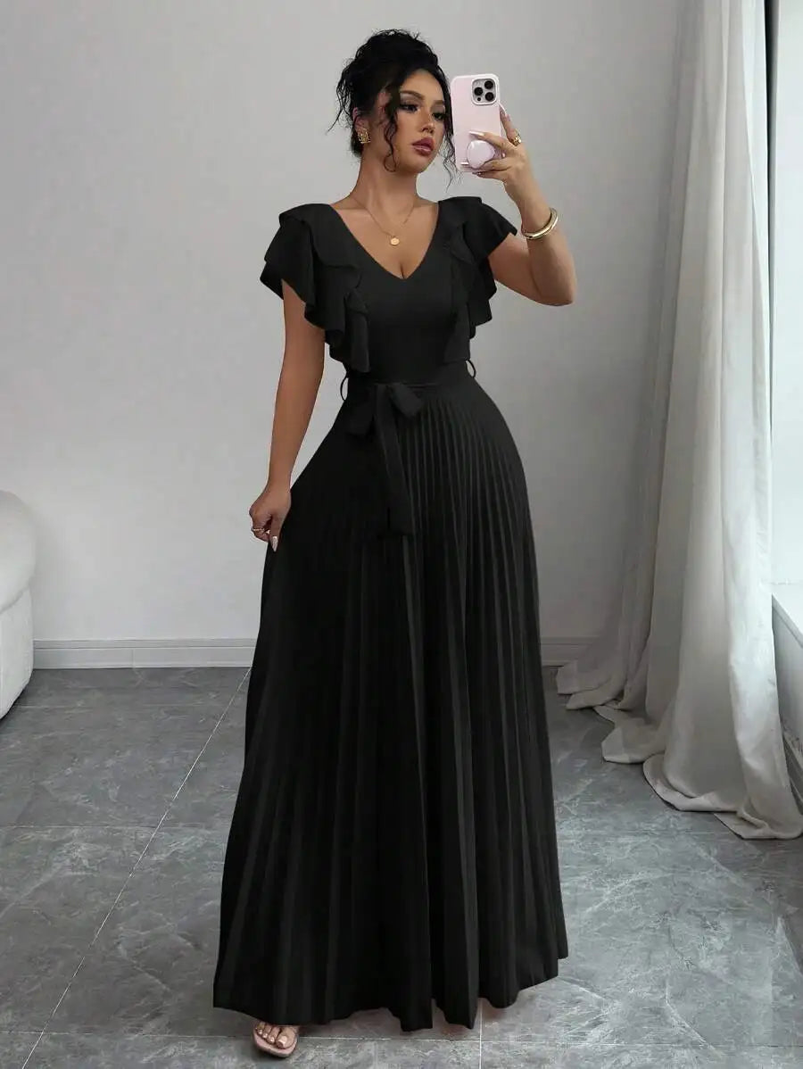 Ruffle Sleeve Pleated A-Line Maxi Dress