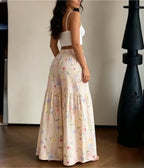 Pastel Floral Print Tiered Wide Leg Pants