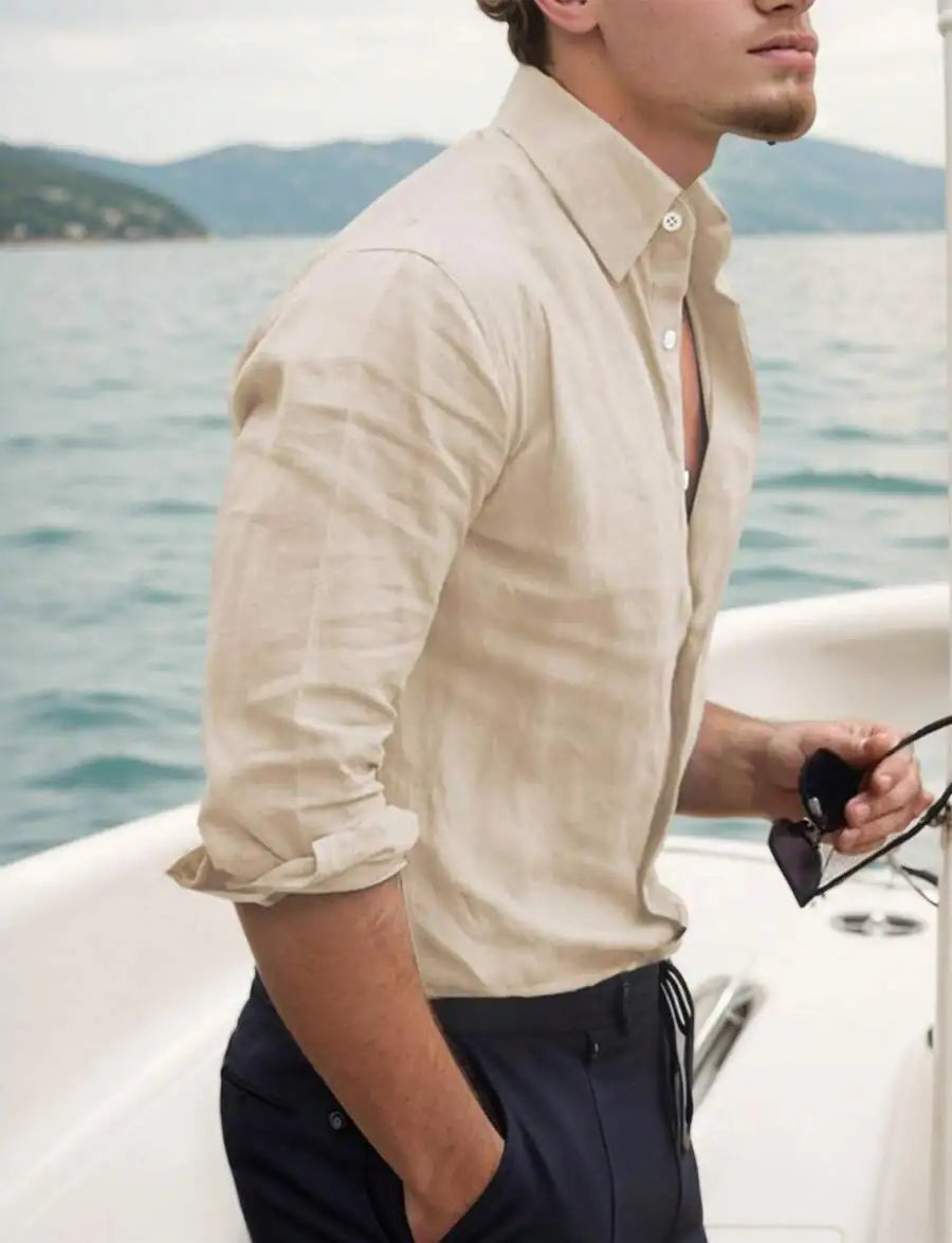 Mens Cotton Linen Button Down Shirt