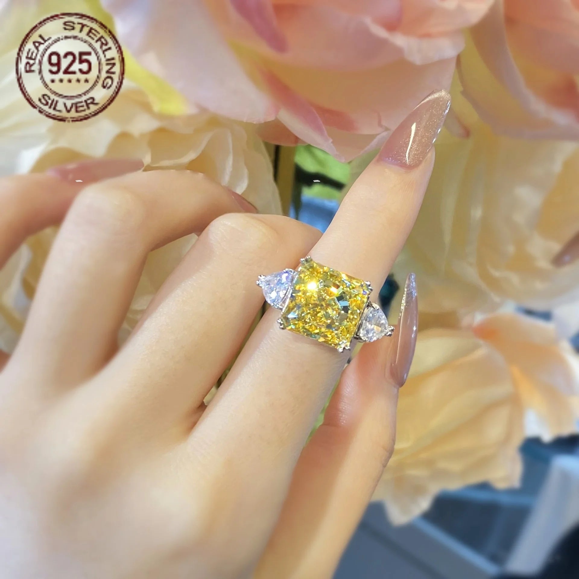 Square Ice Flower Cut  925 Silver Rings
