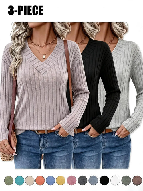 3-Pack Ribbed Knit V-Neck Sweater Tops