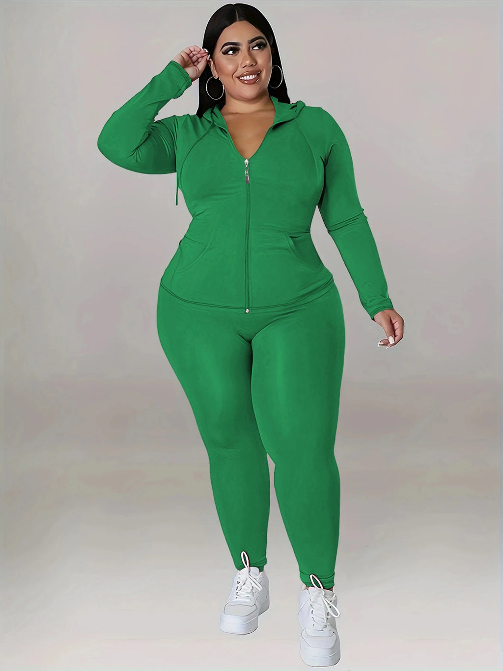 Curvy Athleisure Outfit, Zip Hoodie Tracksuit