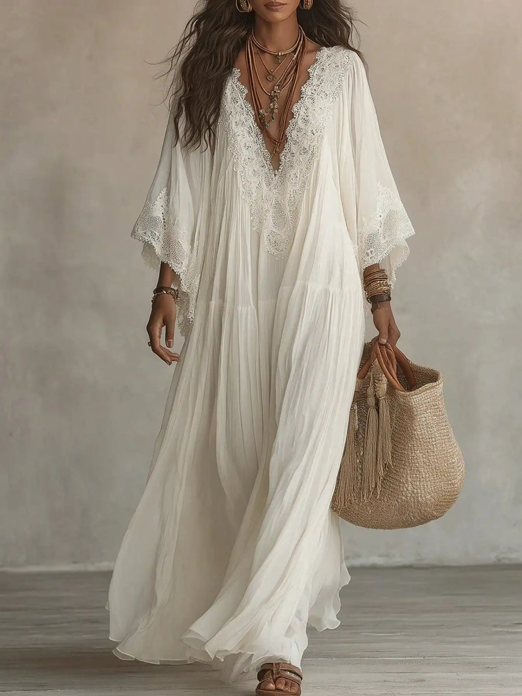 Women Solid Lace V Neck Maxi Dress