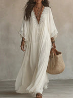 Women Solid Lace V Neck Maxi Dress