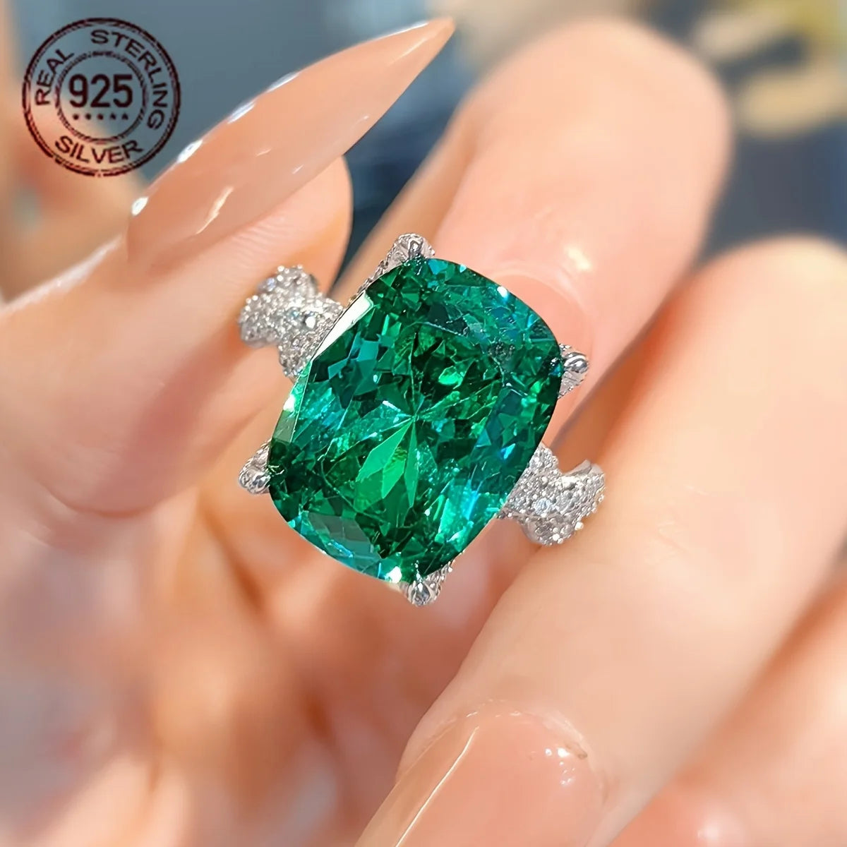 Cushion Cut Lab Grown Emerald Ring 925 Silver