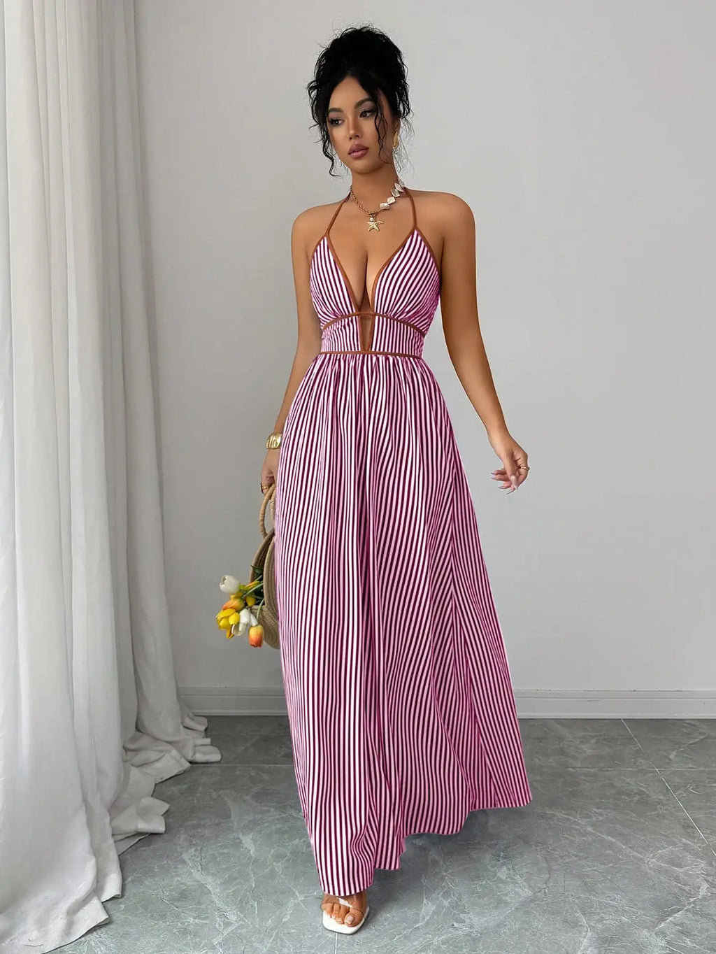 Striped Plunging Halter Maxi Dress