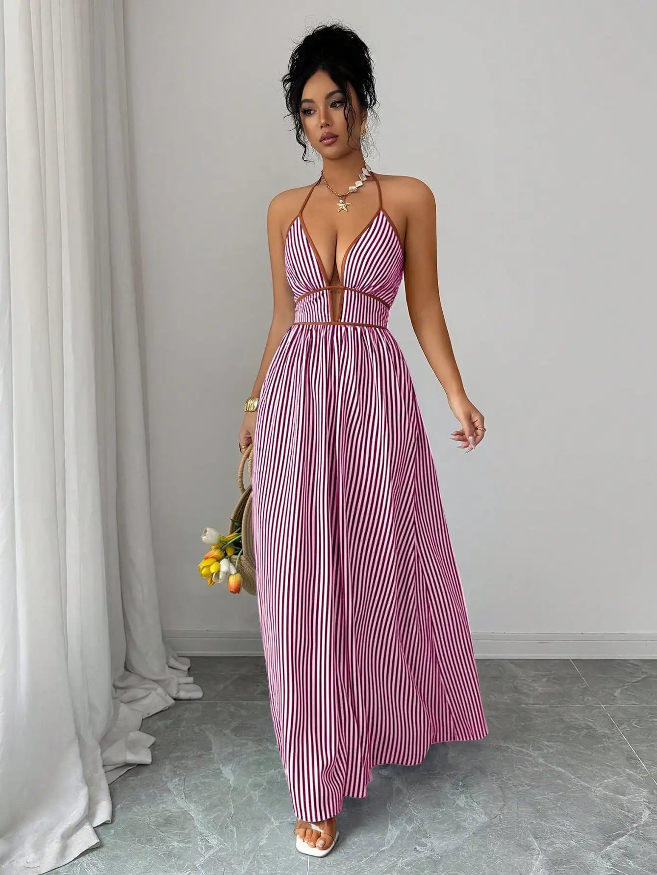 Striped Plunging Halter Maxi Dress