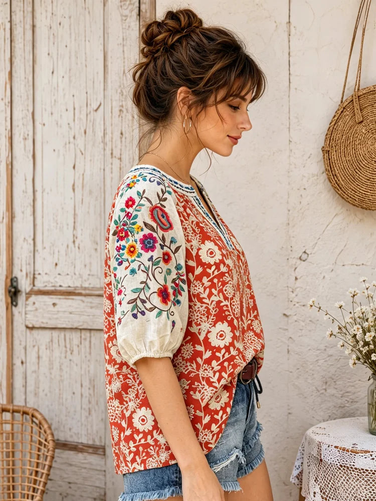 Vintage Red White Floral Peasant Top