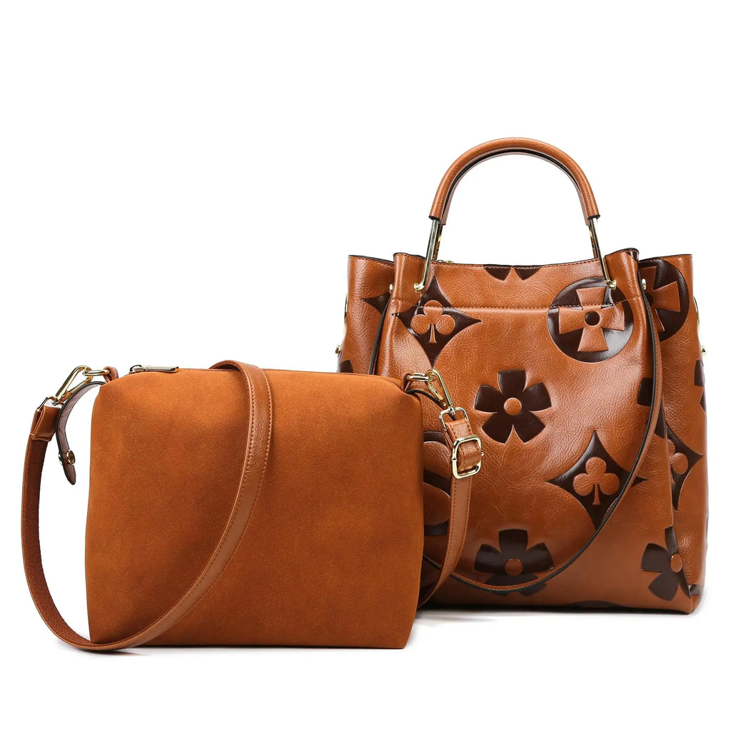 Vegan Leather Bucket Tote with Floral Embroidery