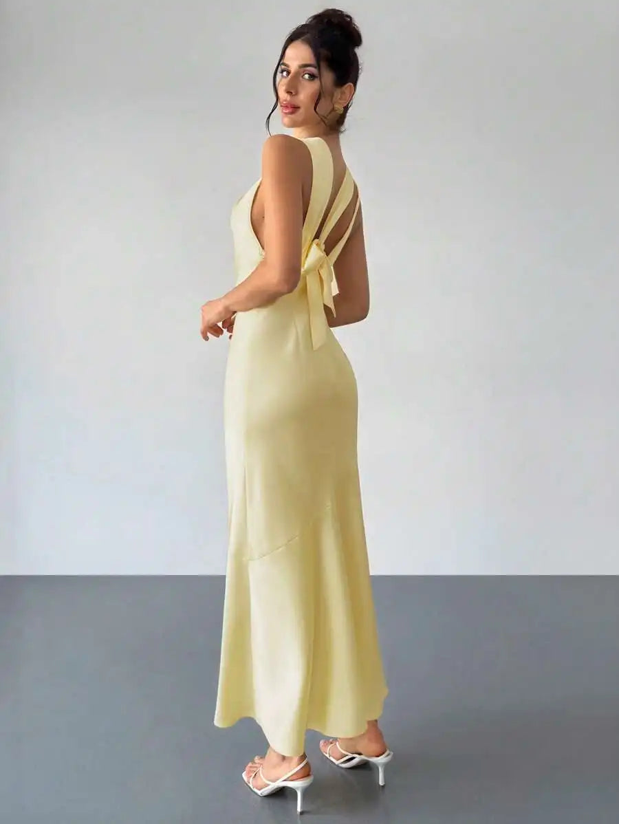 Elegant Pale Yellow Satin Silk Dress