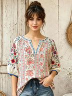 Paisley Floral Vertical Striped Peasant Blouse
