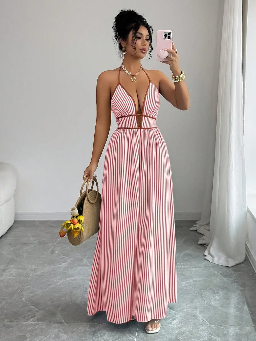 Striped Plunging Halter Maxi Dress