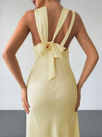 Elegant Pale Yellow Satin Silk Dress