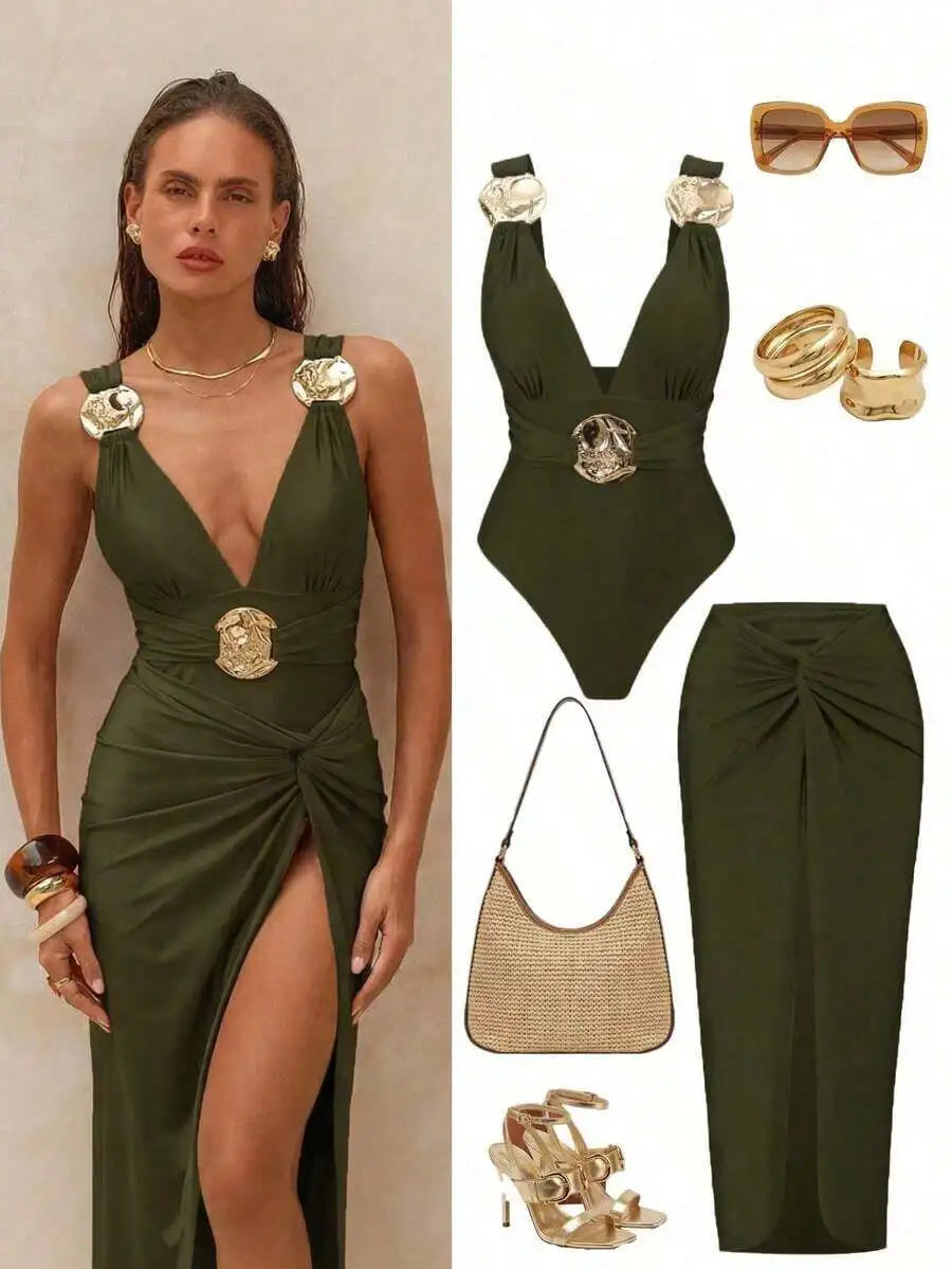 Swimsuit With Decorative Buckles And Matching Skirt