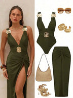 Swimsuit With Decorative Buckles And Matching Skirt