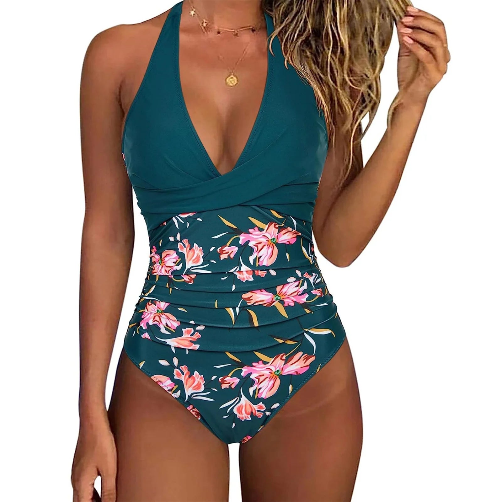 Cross Front Striped One Piece Halter Neck