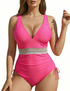 One Piece Swimsuit V Neck Drawstring
