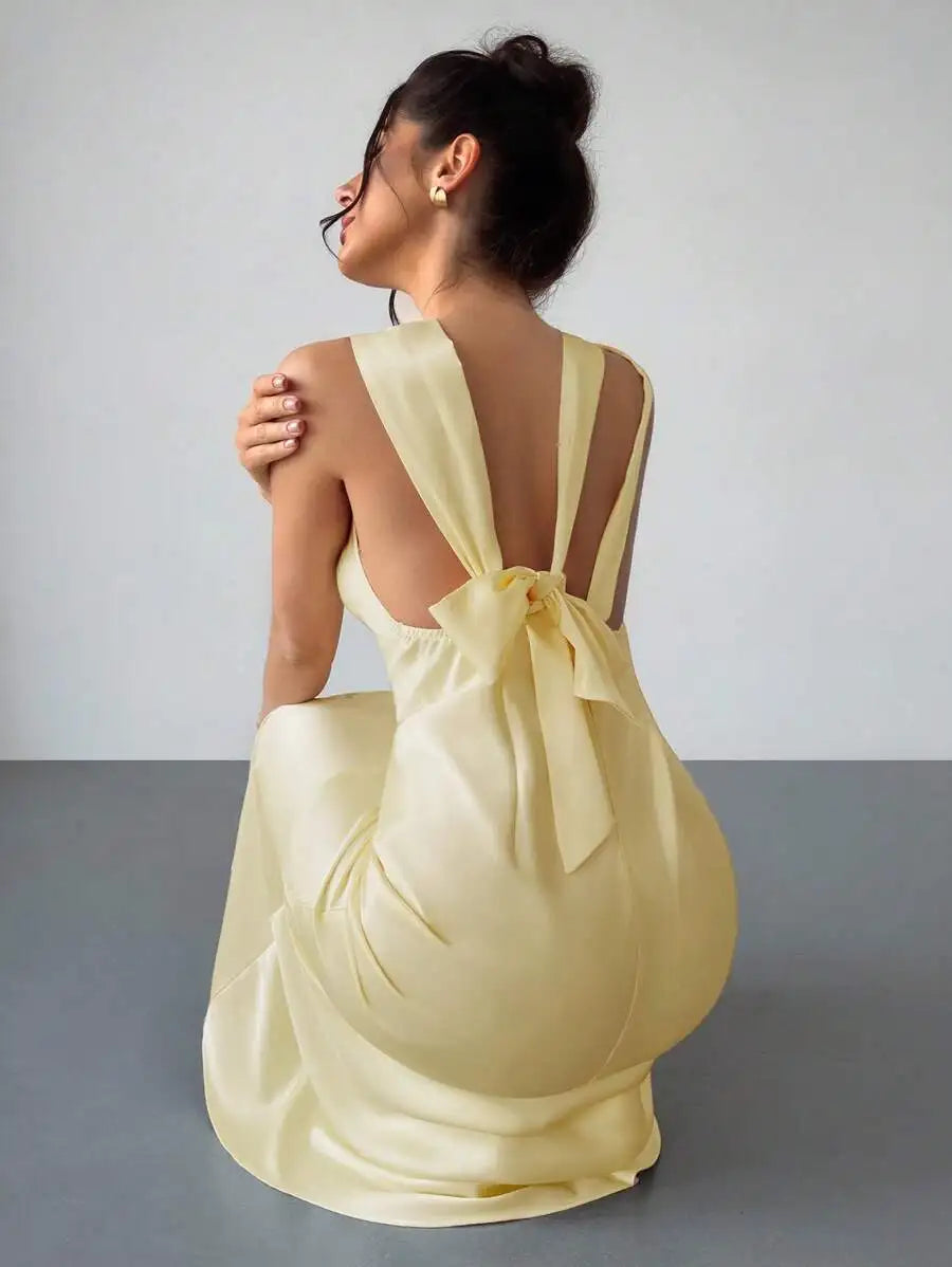 Elegant Pale Yellow Satin Silk Dress