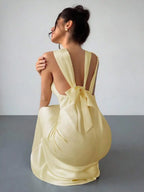 Elegant Pale Yellow Satin Silk Dress