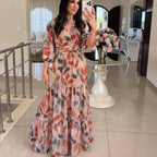 V-neck Elegant Printed Long Sleeve Dress