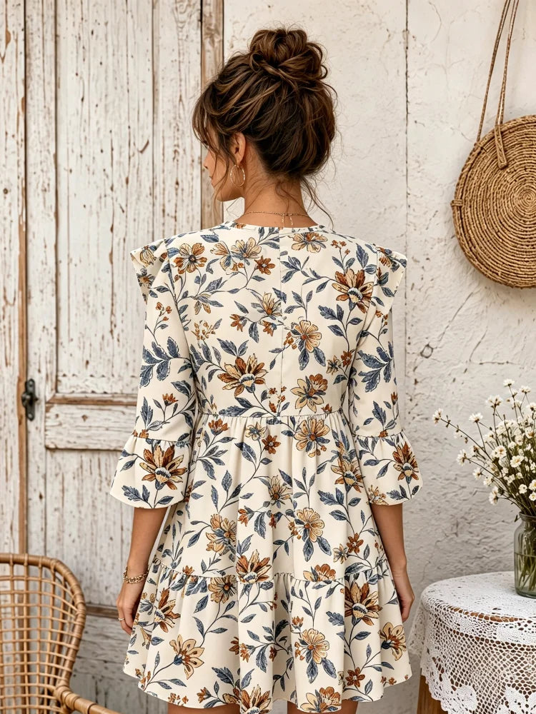 Floral print V-neck 3/4 trumpet sleeves dress
