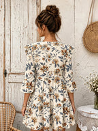 Floral print V-neck 3/4 trumpet sleeves dress