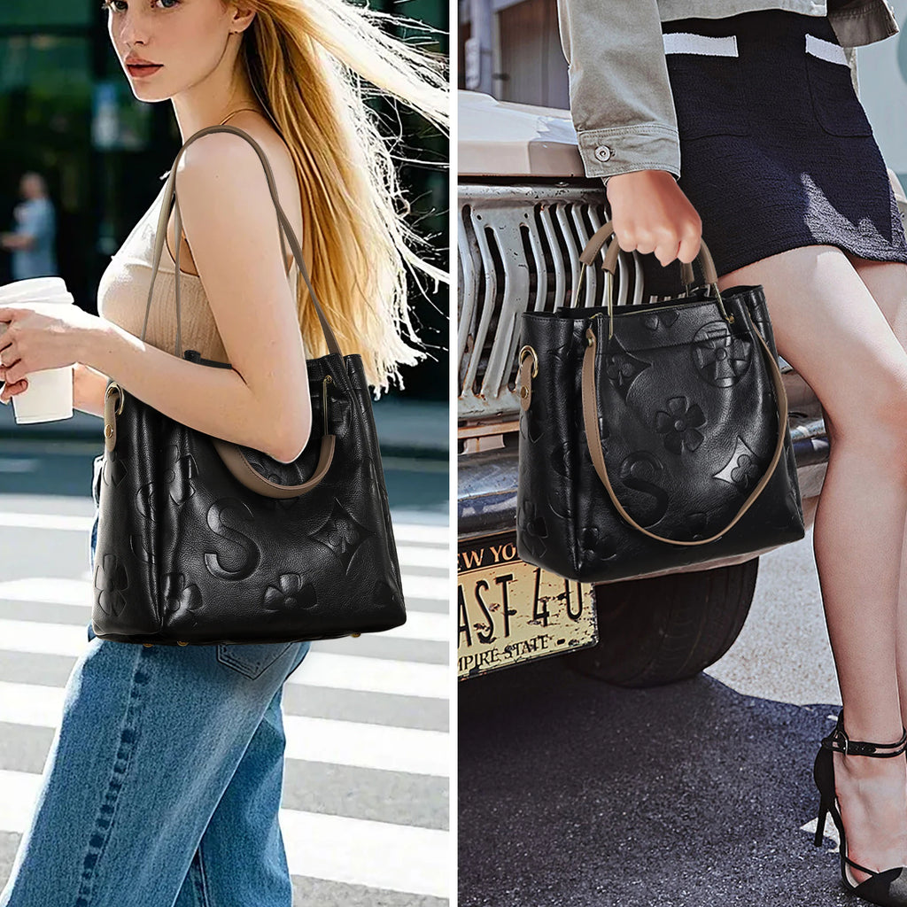 Vegan Leather Bucket Tote with Floral Embroidery
