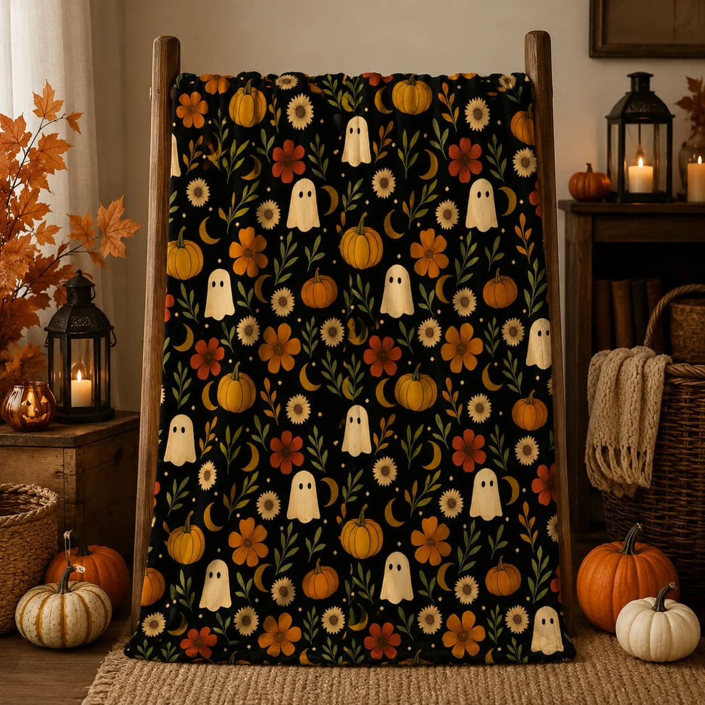 Halloween Ghosts and Pumpkins Velveteen Throw Blanket