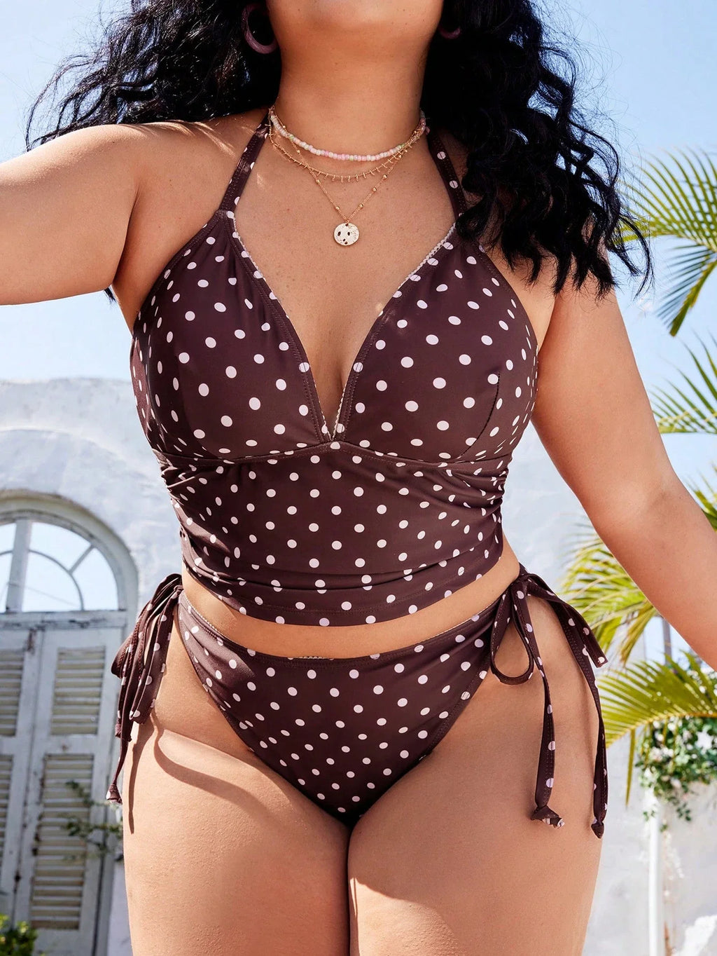 Polka Dot Halter Tie Bikini Set Plus Size