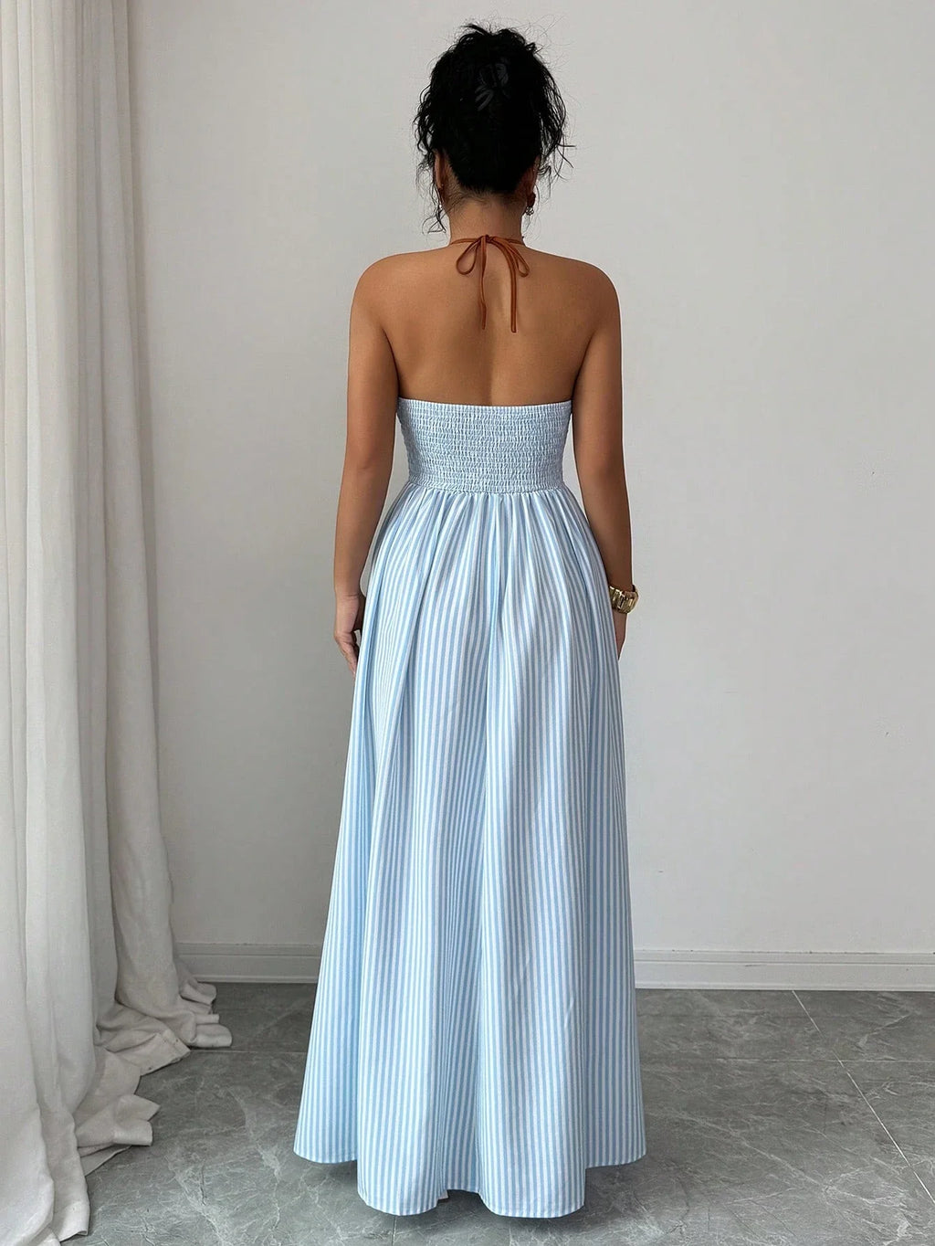 Striped Plunging Halter Maxi Dress