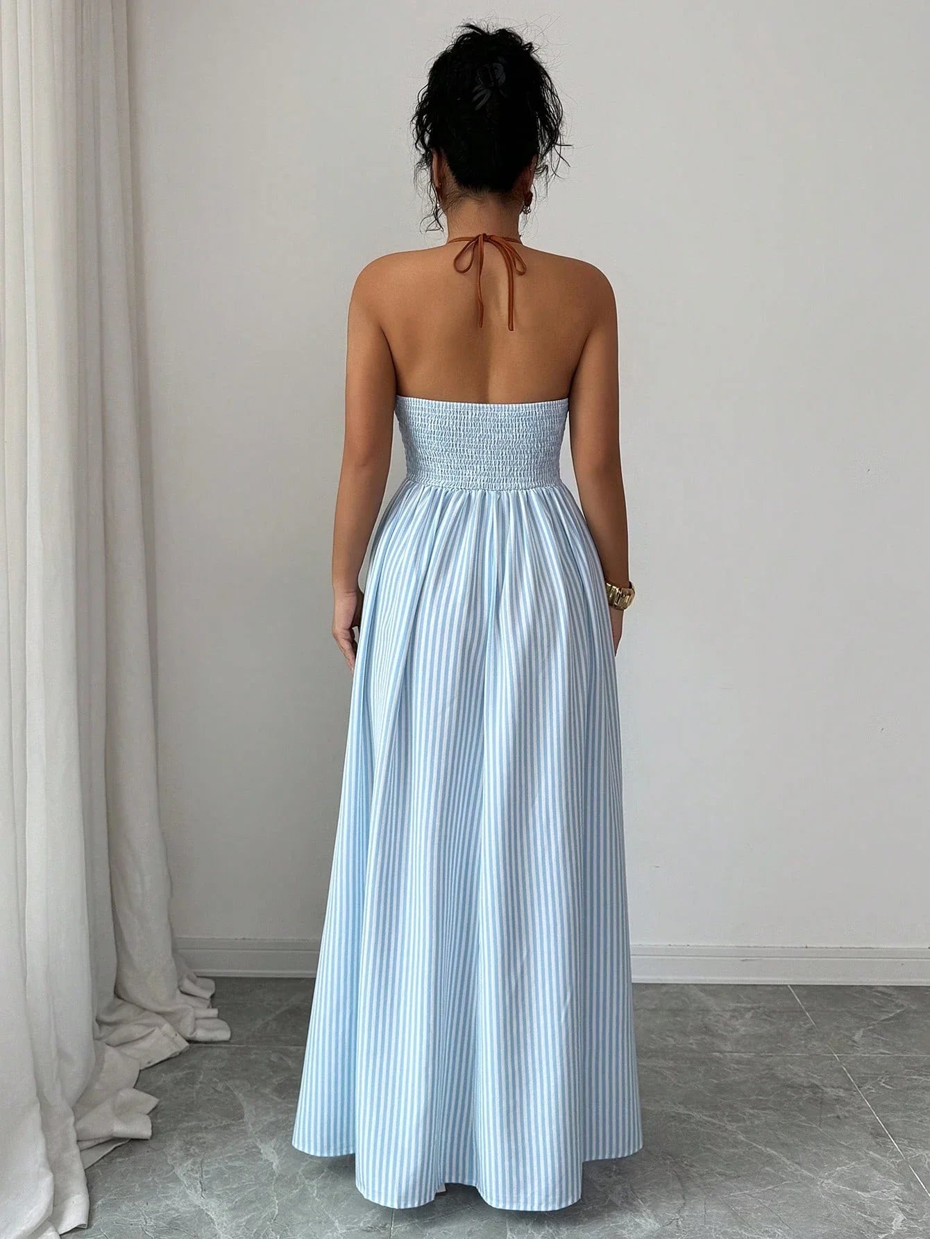 Striped Plunging Halter Maxi Dress