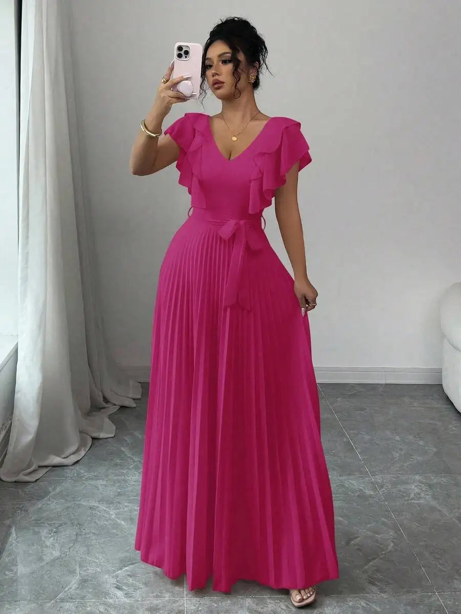 Ruffle Sleeve Pleated A-Line Maxi Dress