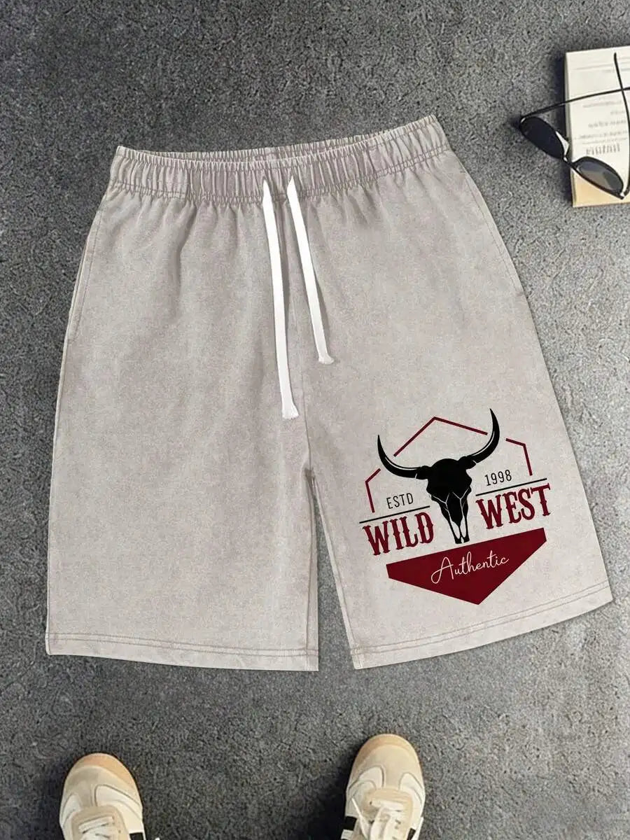 Western Print Cotton Drawstring Shorts