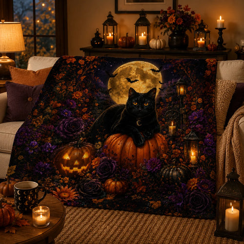 1pc Black Cat Halloween Flannel Fleece Throw Blanket, Full Moon, Pumpkins, Bats& Gothic Floral Print, Soft Cozy Lightweight Blanket for Couch, Bed& Sofa, Spooky Fall Home Decor and Gift for Cat Lovers