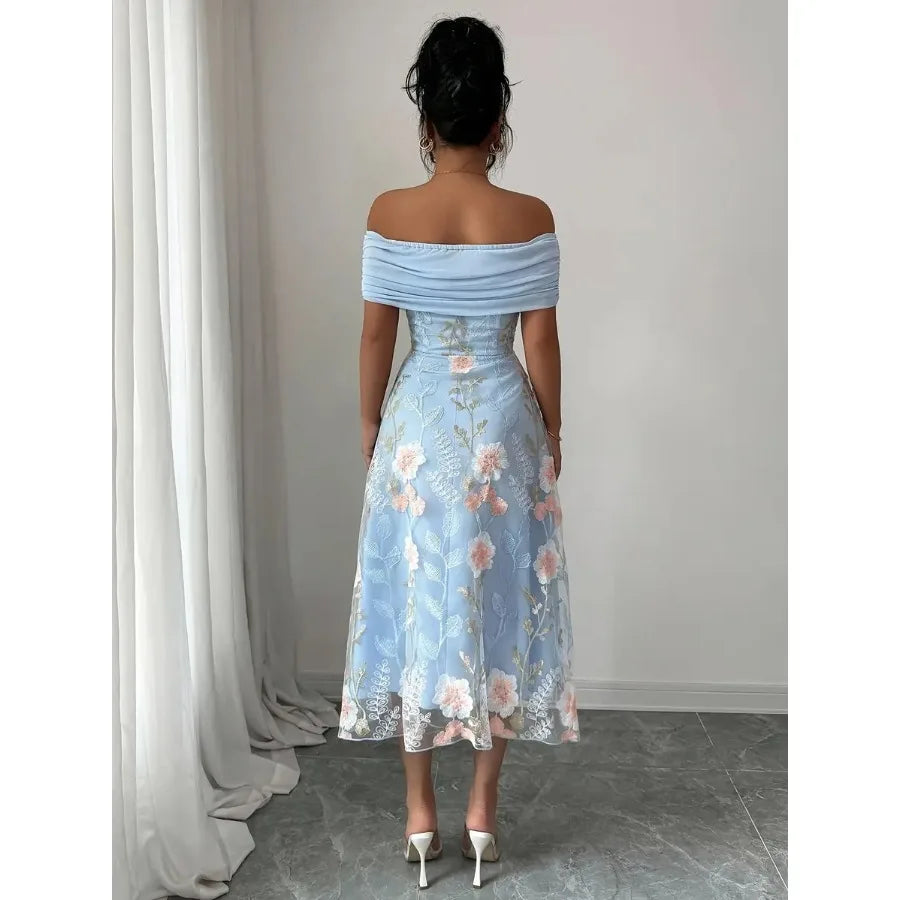 Blue Floral Embroidery Off-Shoulder Neckline Dress