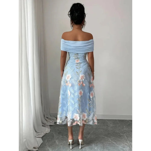 Blue Floral Embroidery Off-Shoulder Neckline Dress